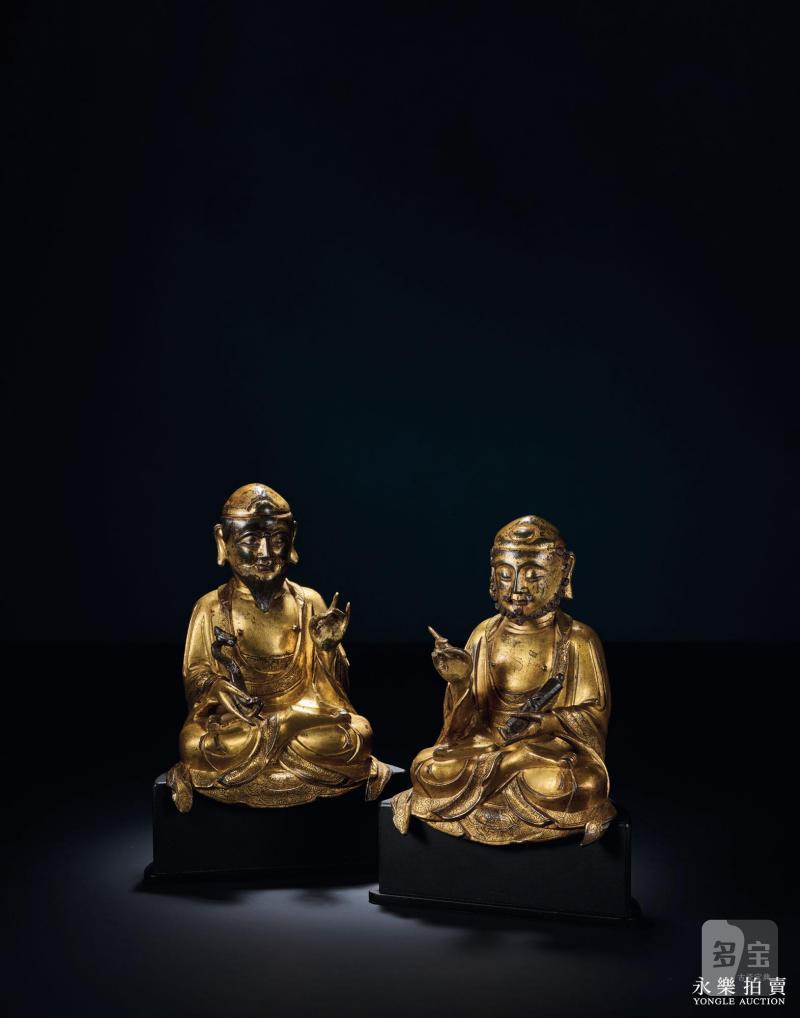 元末明初 铜鎏金男相文殊普贤菩萨坐像（一组两尊）